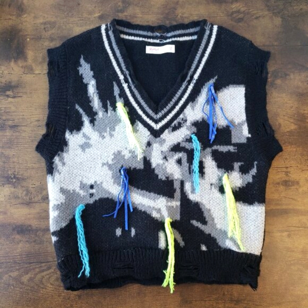 Punk Emo Sweater Vest w Tassles Neon Yellow Blue Black & White Cardi